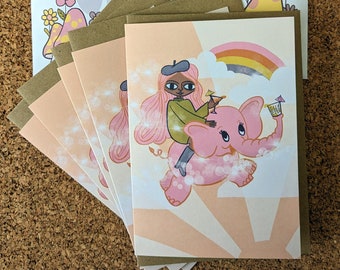 Magical pink elephant and girl illustrated greeting card set of 5 by Clumsy Kate