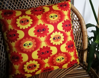 60s and 70s style Daisy Psychedelic yellow and orange Cushion Pillow in Faux Suede by Clumsy Kate