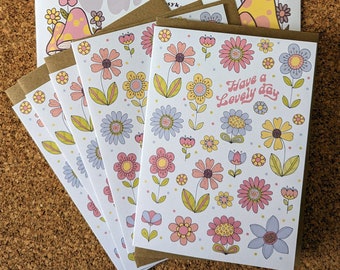 Retro 60s colourful floral illustrated greeting card set of 5 by Clumsy Kate