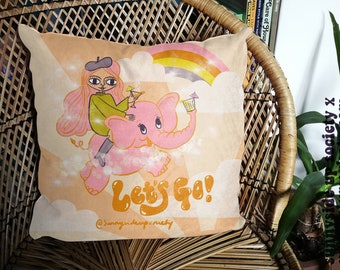 Retro Fairytale Girl and Pink Elephant Cushion Pillow in Faux Suede by Sunnyside Up Society