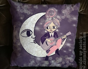 Magical Moon Horoscope Girl with Guitar Illustrated Cushion Pillow in Faux Suede by Sunnyside Up Society