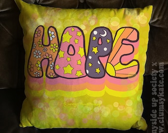 Hippy Hope Lime Psychedelic Slogan Cushion Pillow in Faux Suede by Sunnyside Up Society