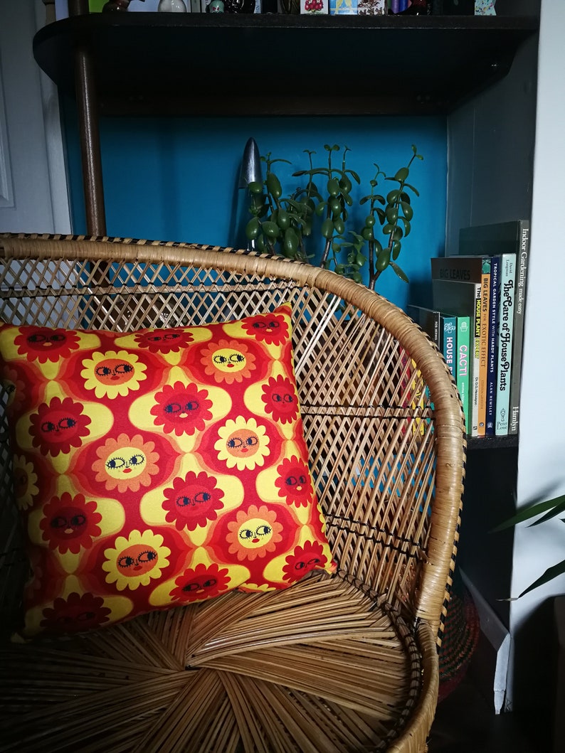 60s And 70s Style Daisy Psychedelic Yellow And Orange Cushion Pillow In 60s-and-70s-style-daisy-psychedelic-yellow-and-orange-cushion-pillow-in