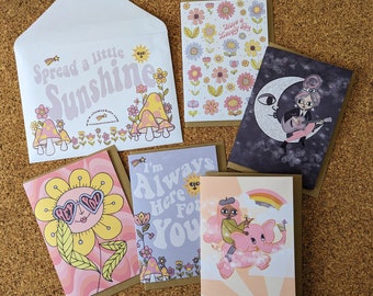 Fun colourful retro inspired greeting note card set of 5 by Clumsy Kate