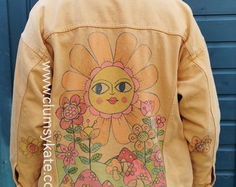 Daisy sunshine psychedelic mustard yellow custom jacket with mushroom toadstools 60s inspired UK 12/14