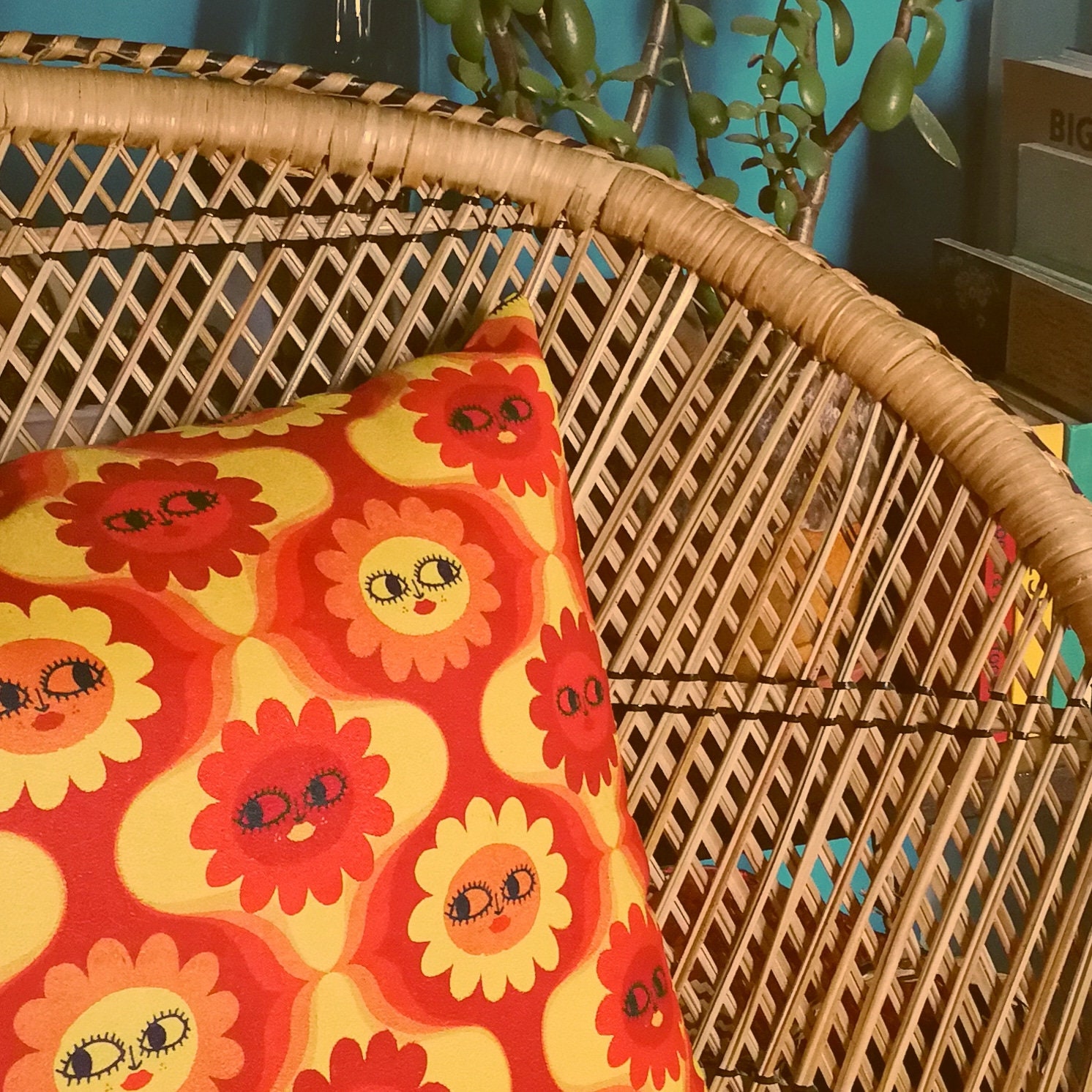 60s And 70s Style Daisy Psychedelic Yellow And Orange Cushion Pillow In 60s-and-70s-style-daisy-psychedelic-yellow-and-orange-cushion-pillow-in