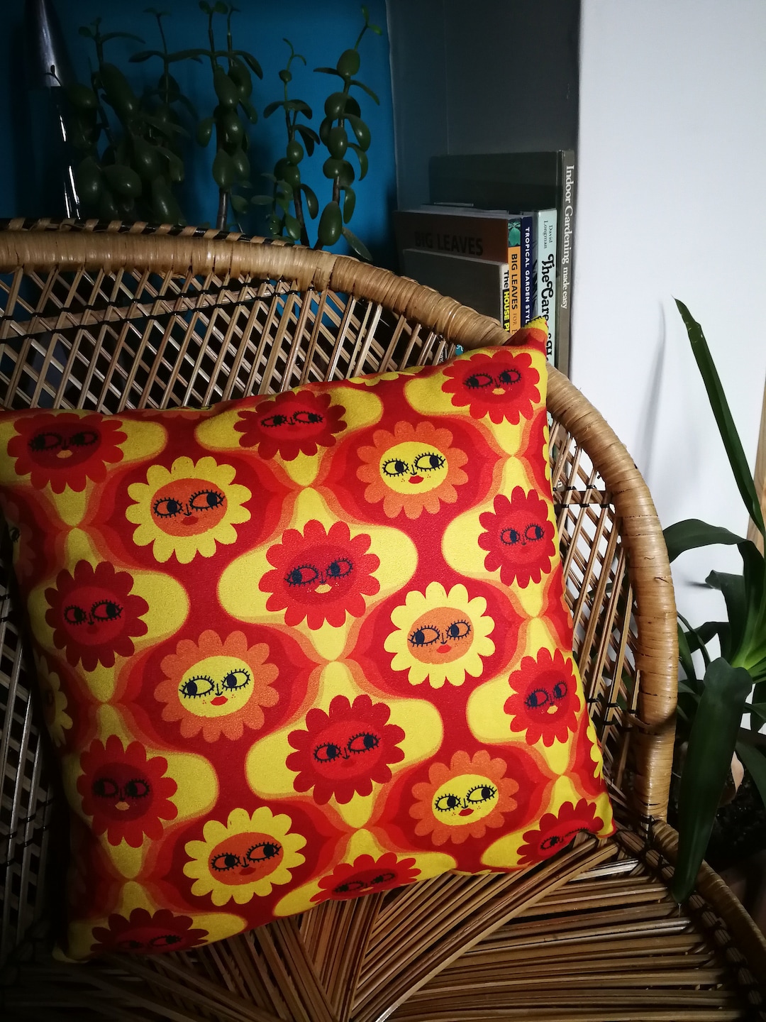 60s And 70s Style Daisy Psychedelic Yellow And Orange Cushion Pillow In 60s-and-70s-style-daisy-psychedelic-yellow-and-orange-cushion-pillow-in