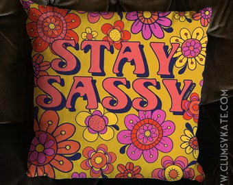 60s and 70s style Daisy Psychedelic yellow and pink Cushion Pillow in Faux Suede by Clumsy Kate