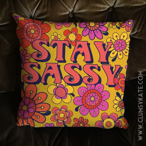 60s and 70s style Daisy Psychedelic yellow and pink Cushion Pillow in Faux Suede by Clumsy Kate