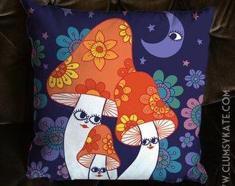 60s and 70s style Psychedelic Mushrooms Cushion Pillow in Faux Suede by Clumsy Kate
