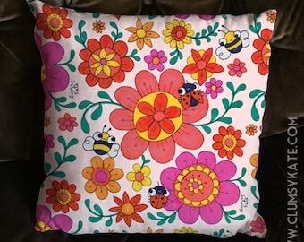 60s and 70s style Daisies and Bugs pink Cushion Pillow in Faux Suede by Clumsy Kate