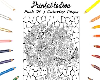 Trees Coloring Pages / Landscapes To Color / Adult Coloring Pages / Patterned Trees Coloring Pages / Instant Download