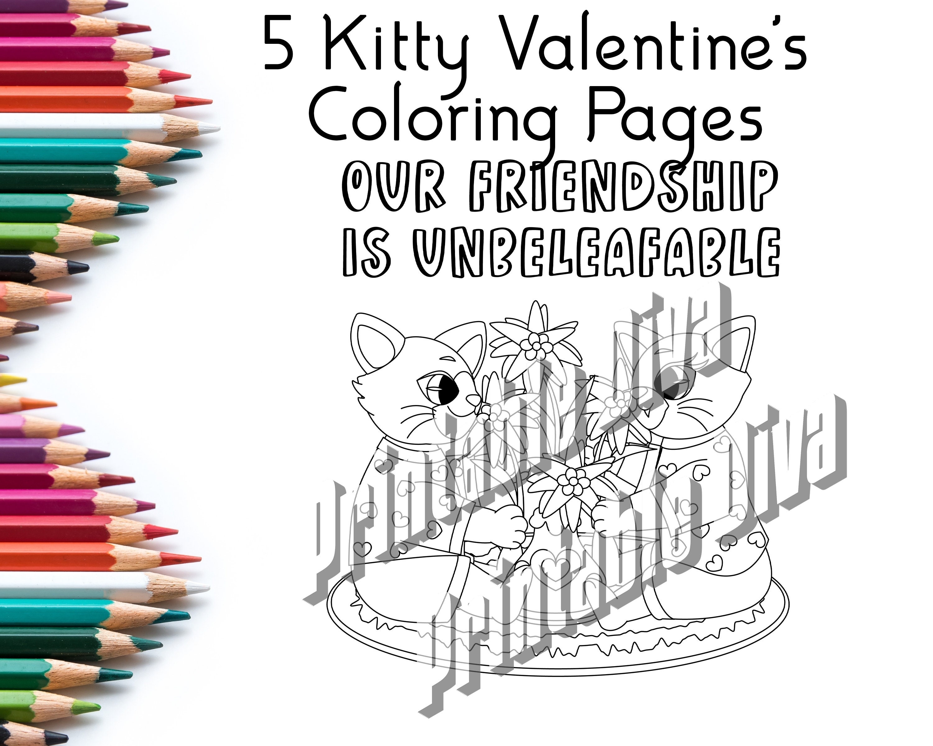 Valentine's Cat Coloring Pages / Printable Coloring for Kids / Cute ...