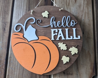 Hello Fall Wood Door Sign, Pumpkin Decor, Autumn Wreath