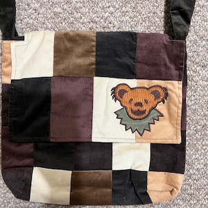Grateful Dead Dancing Bear  messenger bag - Brown Corduroy patchwork cross over bag - Dead Head Bag  - Dead & Company Dead and Company