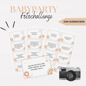 Peut inclure: Ensemble de cartes de défi photo pour une baby shower, avec un design aquarelle, un lion, un arc-en-ciel et du texte en allemand. Les cartes incluent une illustration d'appareil photo. Le texte "BABYPARTY Fotochallenge" est en haut.