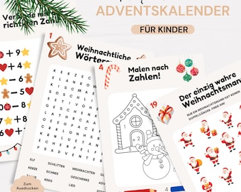 Op de afbeelding: Een verzameling printbare kerstactiviteitenbladen voor kinderen, met een woordzoeker, een kleur-op-nummer pagina met een sneeuwman en huis, en een zoekspel met de Kerstman, versierd met diverse feestelijke kersticonen.