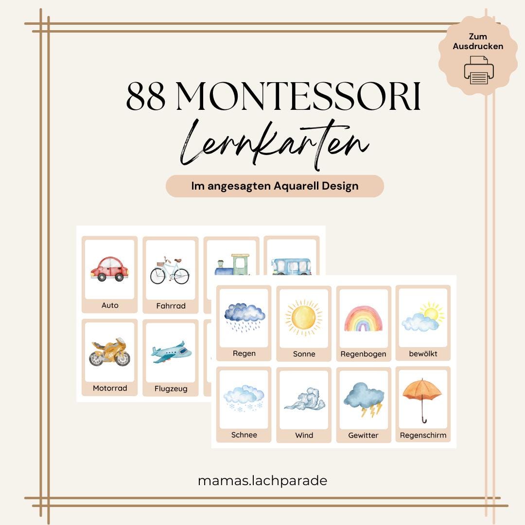 88 Montessori Lernkarten | 11 Kategorien | Aquarell Design | Digitaler