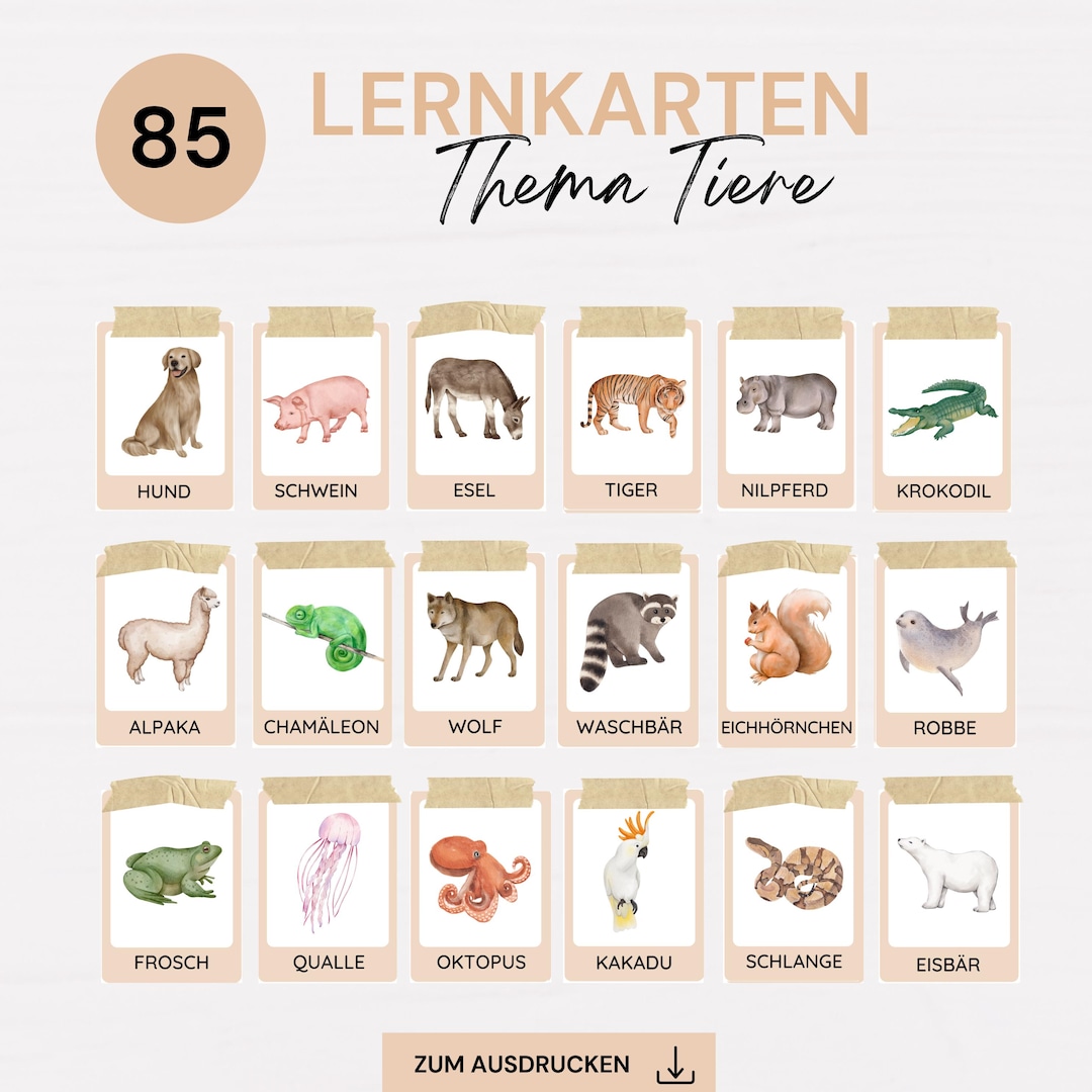 85 Tierkarten zum Ausdrucken Lernkarten für Kinder Tierkarten Set