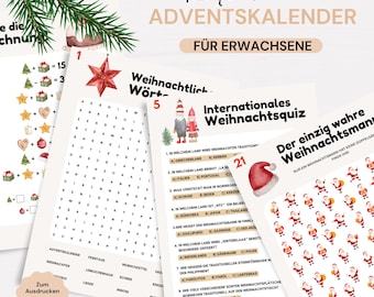 May include: A set of printable Christmas activity sheets featuring a word search, a holiday quiz, and a Santa-themed spot-the-difference game. The pages include watercolor illustrations of stars, gnomes, and Santa hats with German text.