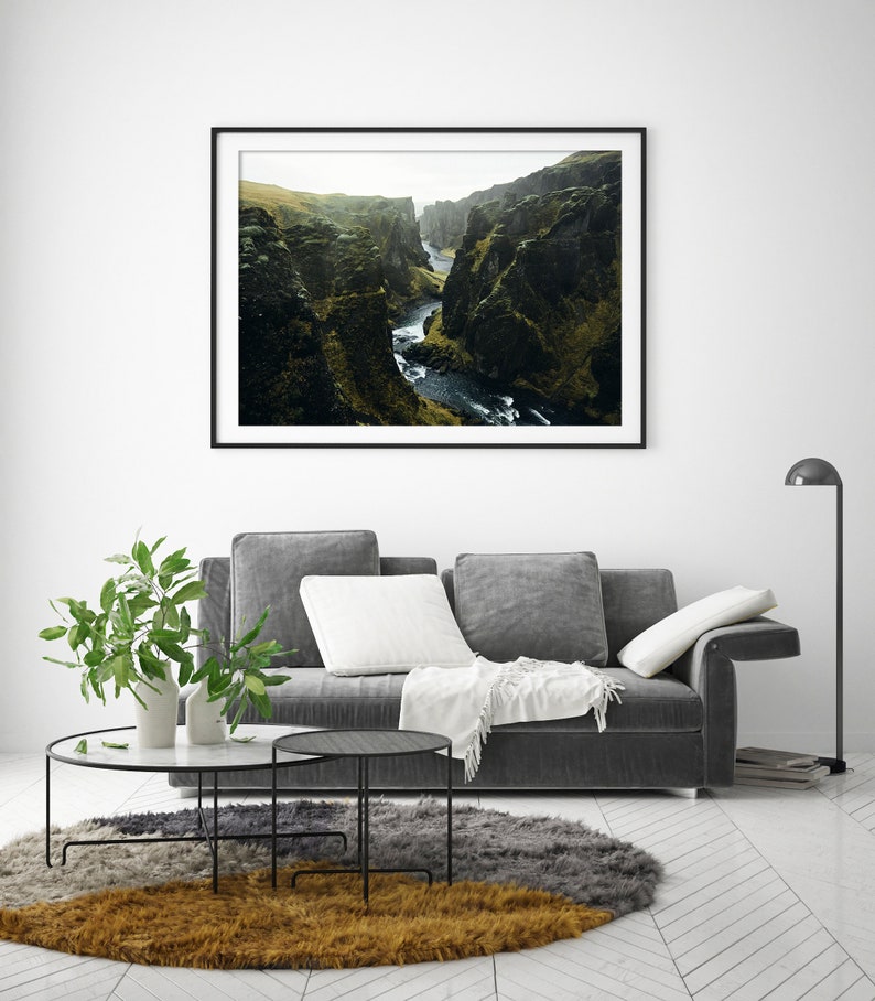 Scandinavian Mountain Landscape Nordic River Home Decor Large Horizontal Nature Wall Art Dark Green Iceland Canyon Photography Print