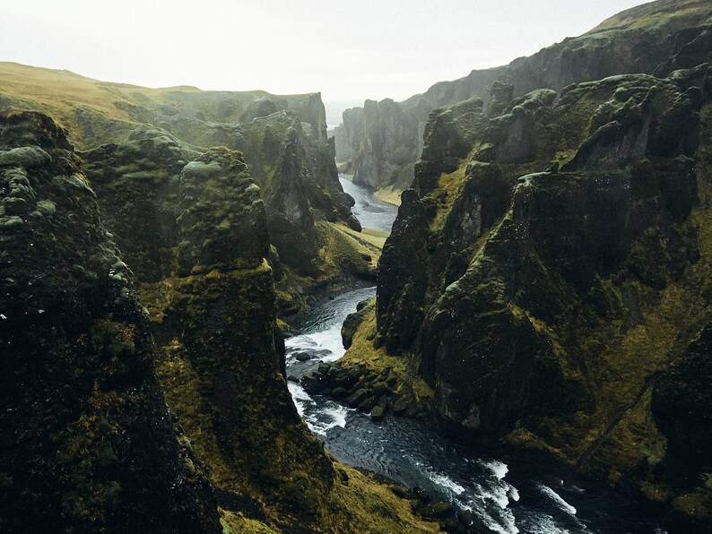 Scandinavian Mountain Landscape Nordic River Home Decor Large Horizontal Nature Wall Art Dark Green Iceland Canyon Photography Print