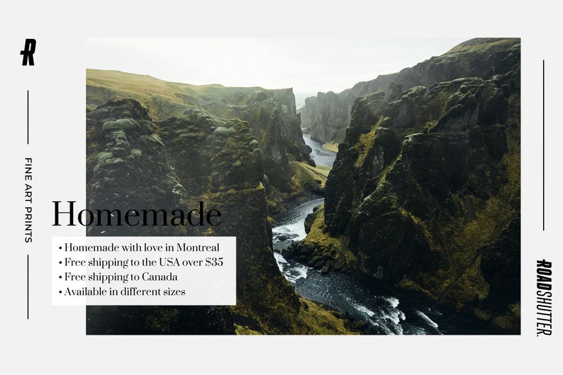Scandinavian Mountain Landscape Nordic River Home Decor Large Horizontal Nature Wall Art Dark Green Iceland Canyon Photography Print