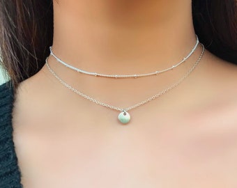 2pcs Silver Layering Necklace Set, Silver Coin Necklace, Silver Chain Choker Set