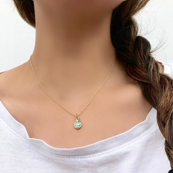 Gold Paua Shell Teardrop Necklace, Dainty Gold Shell Drop Necklace