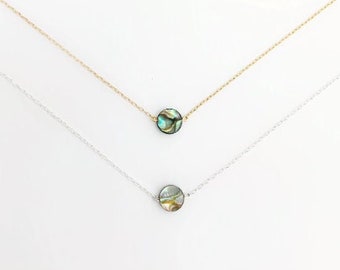 Natural Abalone Shell Necklace, Abalone Flat Coin Necklace, dainty abalone shell gold necklace
