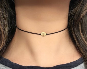 Gold Spiral Choker, gold choker necklace, gold beaded cord choker by UrbanGlassNY
