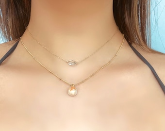 Par de collares de playa de 2 piezas, collar de conchas naturales, collar de cristal con cuentas doradas, conjunto de collar de cuarzo verde y conchas