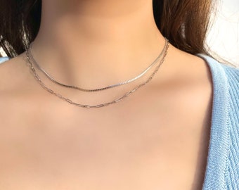 Conjunto de collar de plata de 2 piezas, cadena de clip de plata, cadena de caja de plata, collares de plata delicados