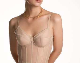 Beige Corset With Transparent Cups, Transparent Corset Top with Straps, Second Skin Lingerie, Bridal Underwear, Sexy Bodice