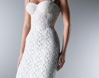Lace White Midi Dress, Smooth Bodice & Lace-up Back Gown, Elegant Bridal Dress, Elegant Bridal Rehearsal Dress, Evening Party Wear