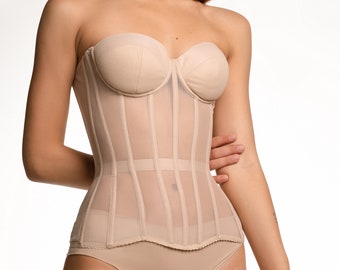 Beige corset with matte cups, push up, sexy lingerie, corset top, corset trainer, corset waist training, overbust corset.