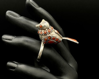 Silver Bird Ring with Genuine Coral Stone