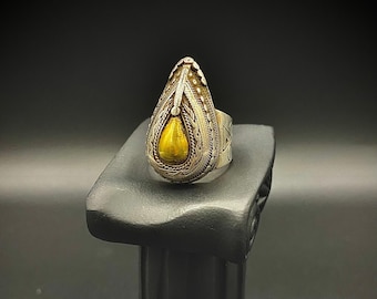 Vintage Afghan Sterling Silver Ring with Tiger’s Eye Cabochon With gold plated spots