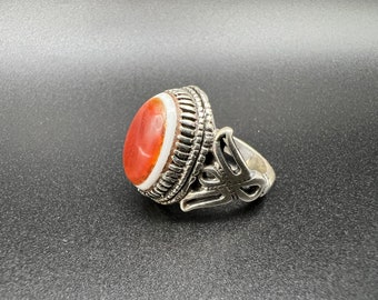 Natural Carnelian Stone 925 Sterling Silver Halo Ring - Oval Marcasite Vintage Statement Ring
