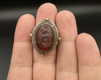 Vintage Carnelian Intaglio Ring Floral Seal Antique Silver Tone Statement Jewelry