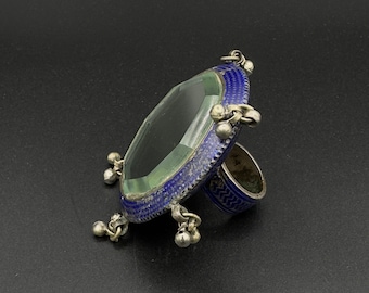 Vintage Afghan Enameled Glass Ring with Silver Dangles