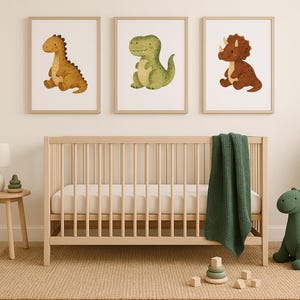 Set of 3 Watercolor Dinosaur Nursery Digital Prints: T-rex, Triceratops, Dino Wall Decor, Printable Neutral Baby Boy Room Decor
