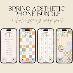 Könnte beinhalten: Ästhetisches Handy-Bundle mit vier Handy-Bildschirmen mit Frühlingsmotiven. Die Bildschirme zeigen verschiedene Muster, darunter Blumenmuster, Karomuster und inspirierende Texte. Der Text "SPRING AESTHETIC PHONE BUNDLE" steht oben.