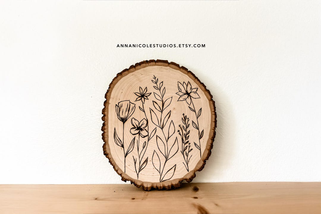 Wood Burned Floral Wall Art: Rustic Walnut Slice Pyrography - Etsy