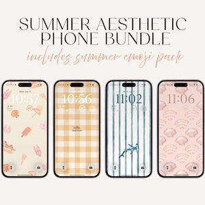 May include: Four smartphones displaying digital wallpapers with summer themes including seashells, gingham patterns, blue stripes with a shark, and a shell pattern. The text reads SUMMER AESTHETIC PHONE BUNDLE includes summer emoji pack.