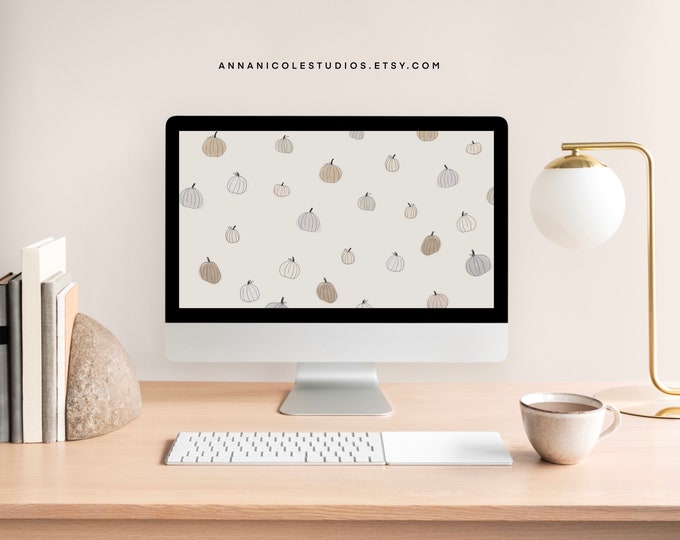 Fall Minimalistic Watercolor Pumpkins Desktop Wallpaper | Cream Gray Pumpkin Desktop Wallpaper
