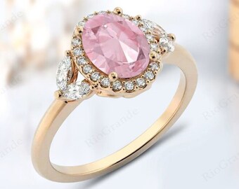 Oval Cut Halo Pink Morganite Wedding Ring For Women Antique Morganite Engagement Ring 14k Gold Morganite Art Deco Bridal Anniversary Ring