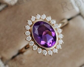 Vintage Amethyst Engagement Ring 14k Rose Gold Amethyst Halo Wedding Ring Unique Bridal Promise Ring For Women Wedding Ring Anniversary Gift