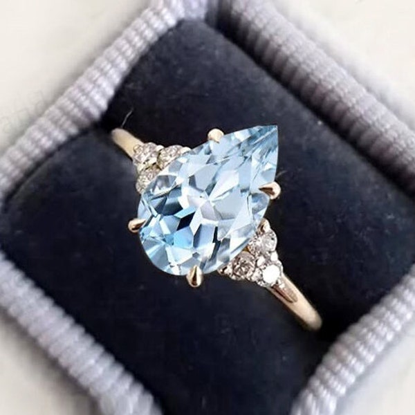 Pear Cut Aquamarine Engagement Ring For Women 14k Gold Aquamarine Art Deco Bridal Wedding Ring Vintage Anniversary Ring Antique Style Ring