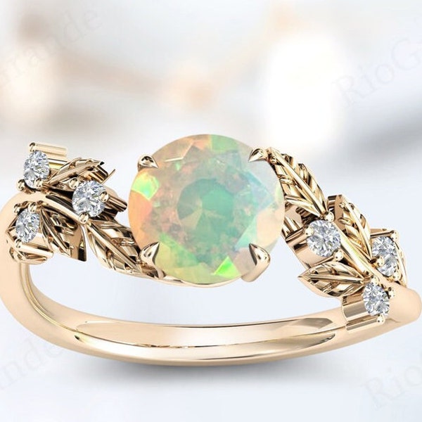 Unique Fire Opal Engagement Ring For Women Rose Gold Vine Leaf Wedding Ring Art Deco Bridal Promise Ring Vintage Anniversary Ring For Her